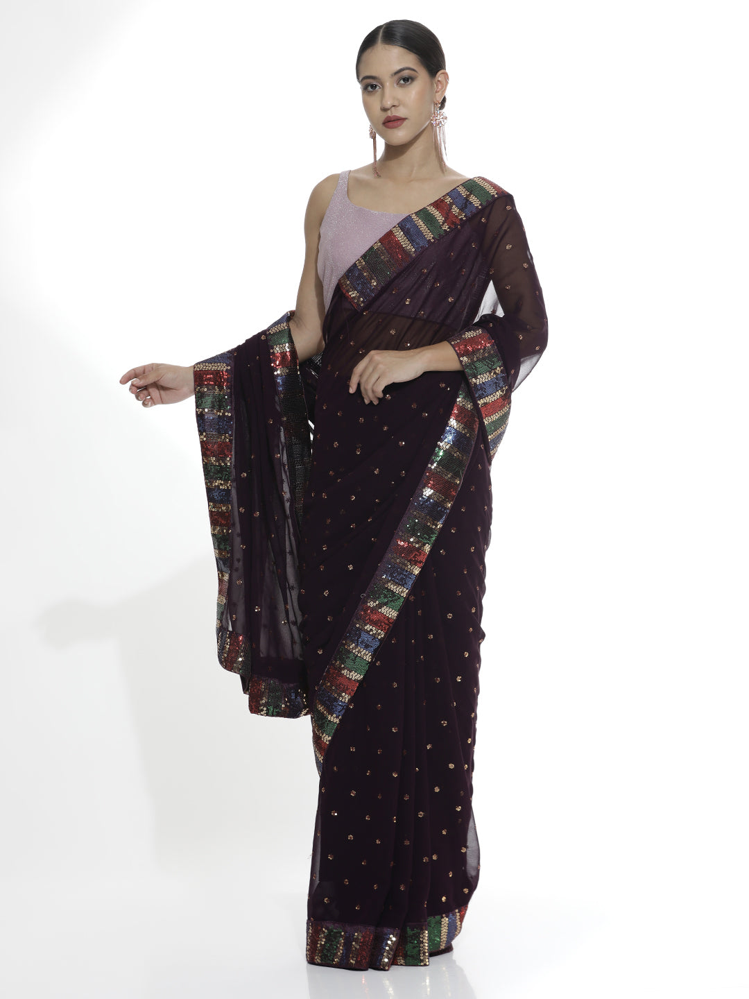 Party Wear Sequin Work Wine Georgette Saree