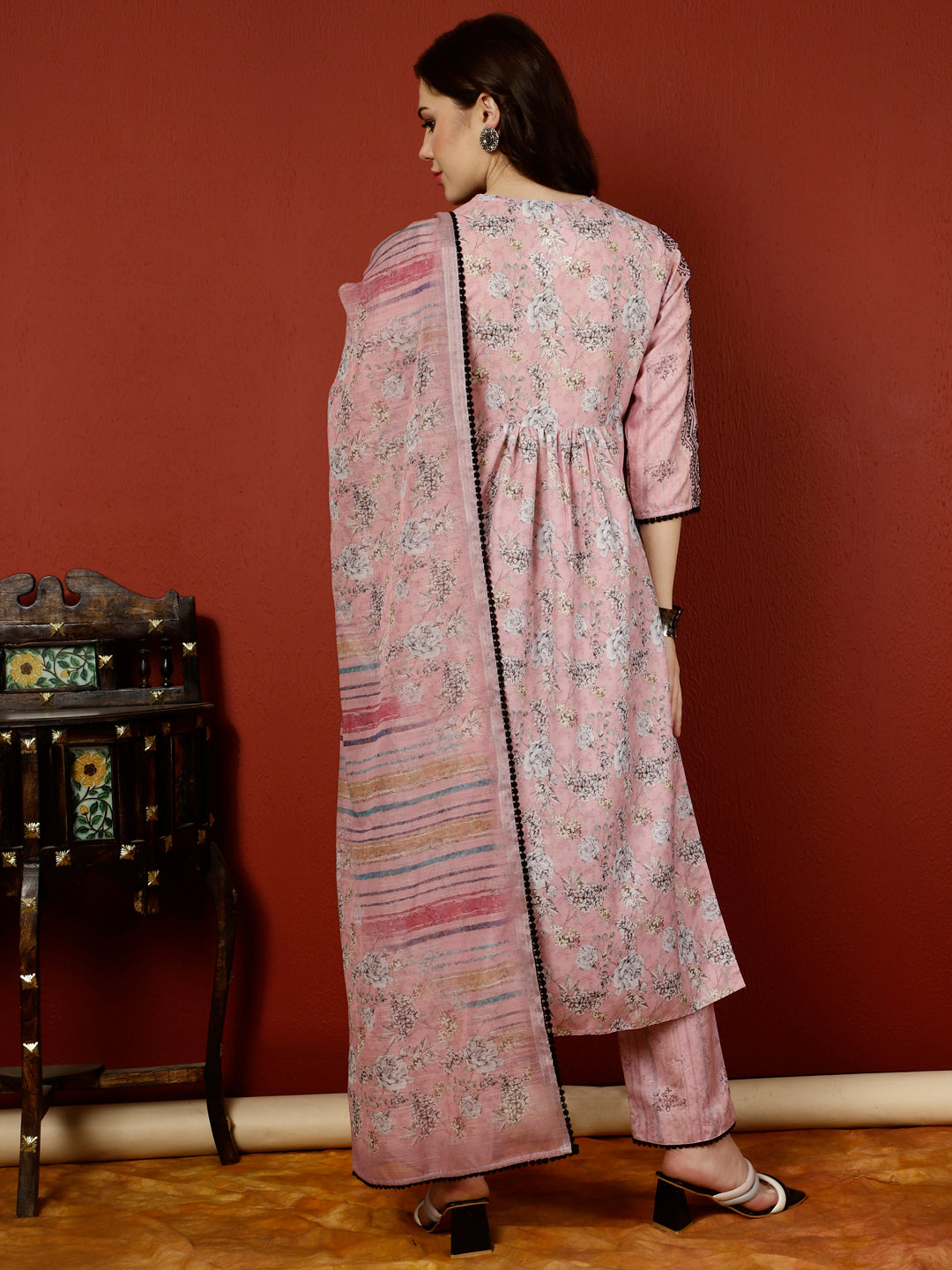 Pink Floral Digital Printed Embroidered Linen Suit Set