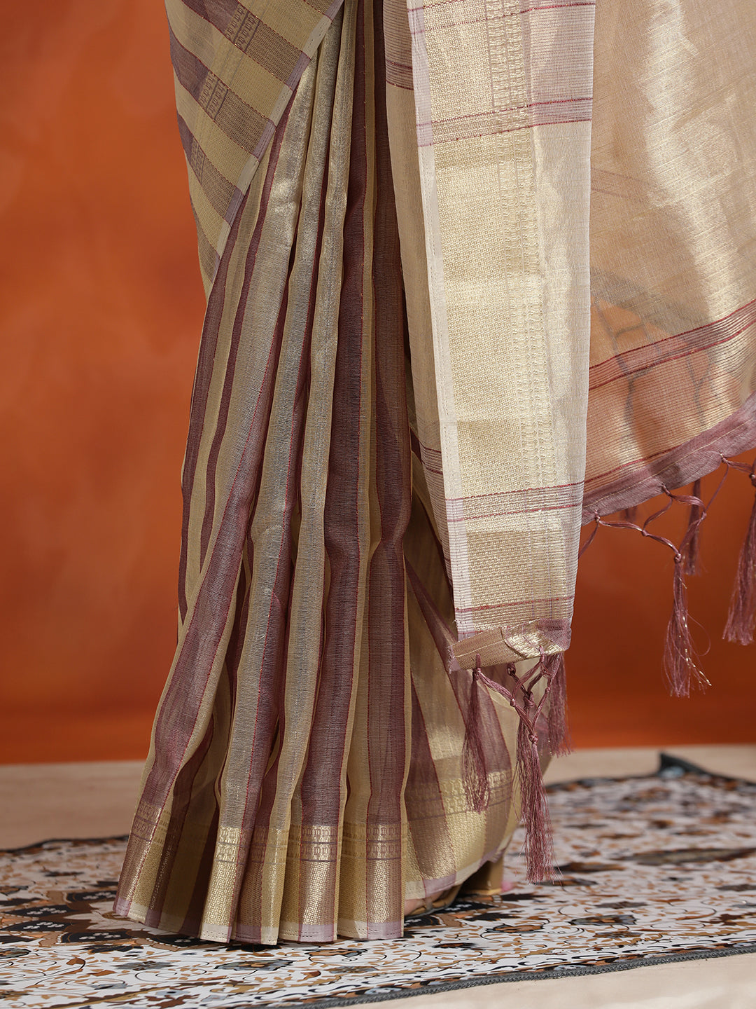 Striped Embellished Banarasi Organza Saree