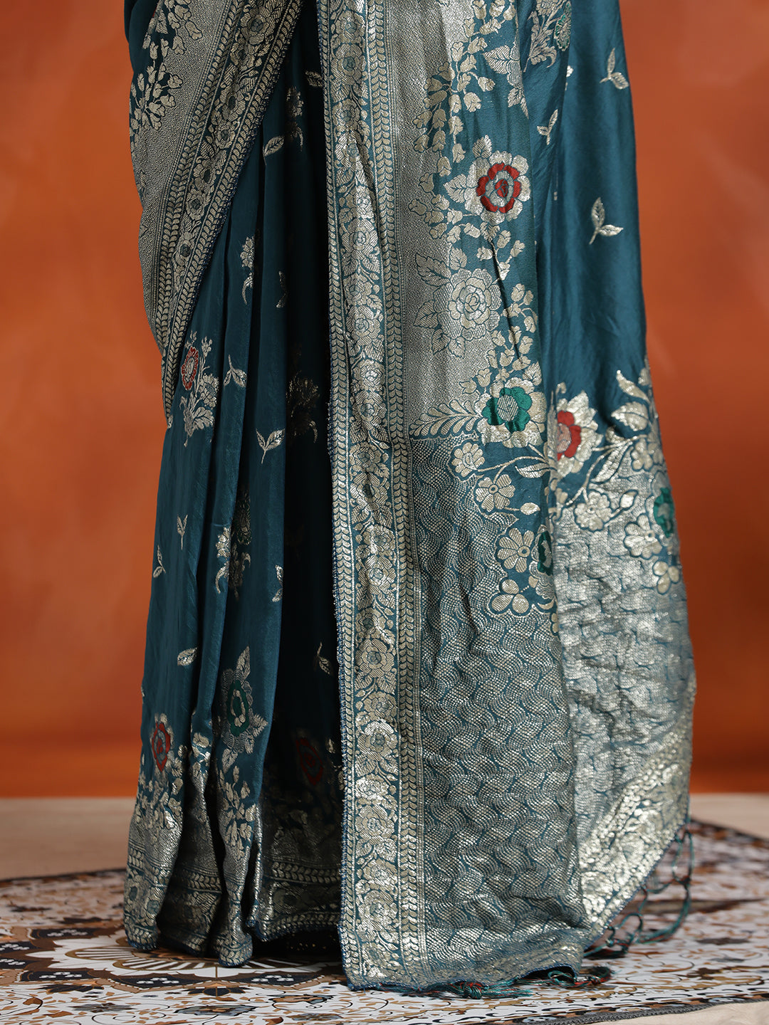 Teal Blue Heavy Banarasi Zari Woven Silk Blend Saree