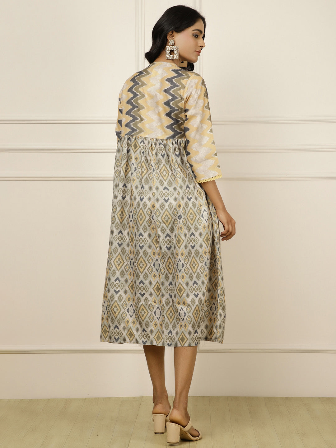 Mustard Geometric Printed Gathered Dress