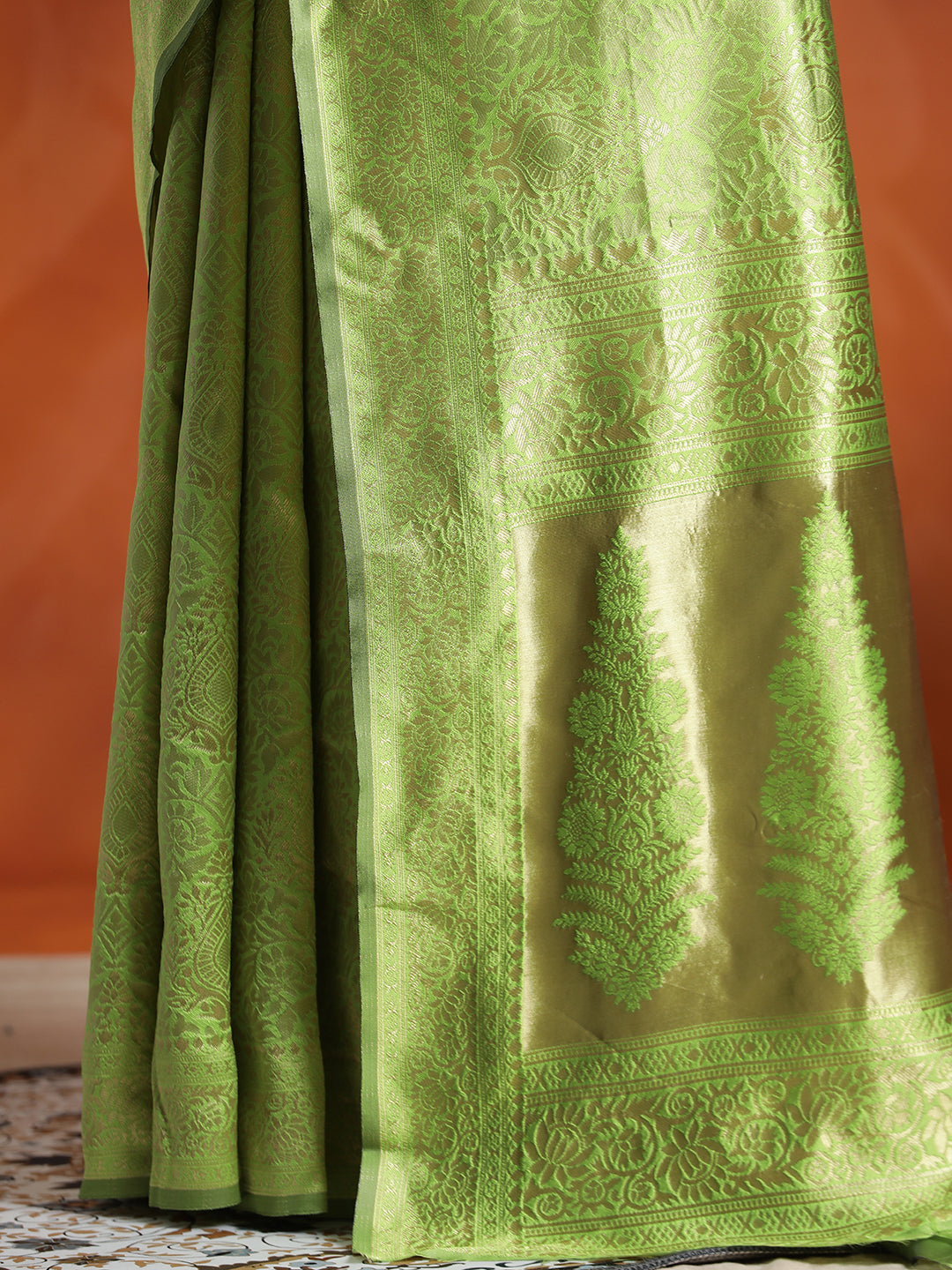 Heavy Banarasi Zari Woven Silk Blend Pista Green Saree