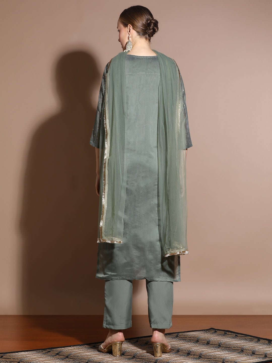 Olive Chanderi Woven Festive Kurta Set With Dupatta