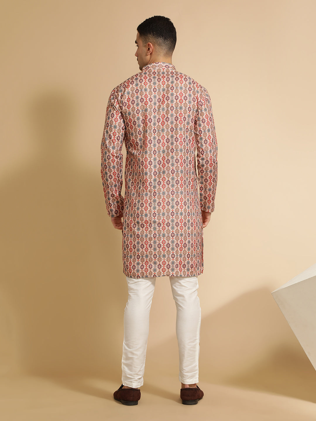 Beige Geometric Printed Cotton Kurta for Men