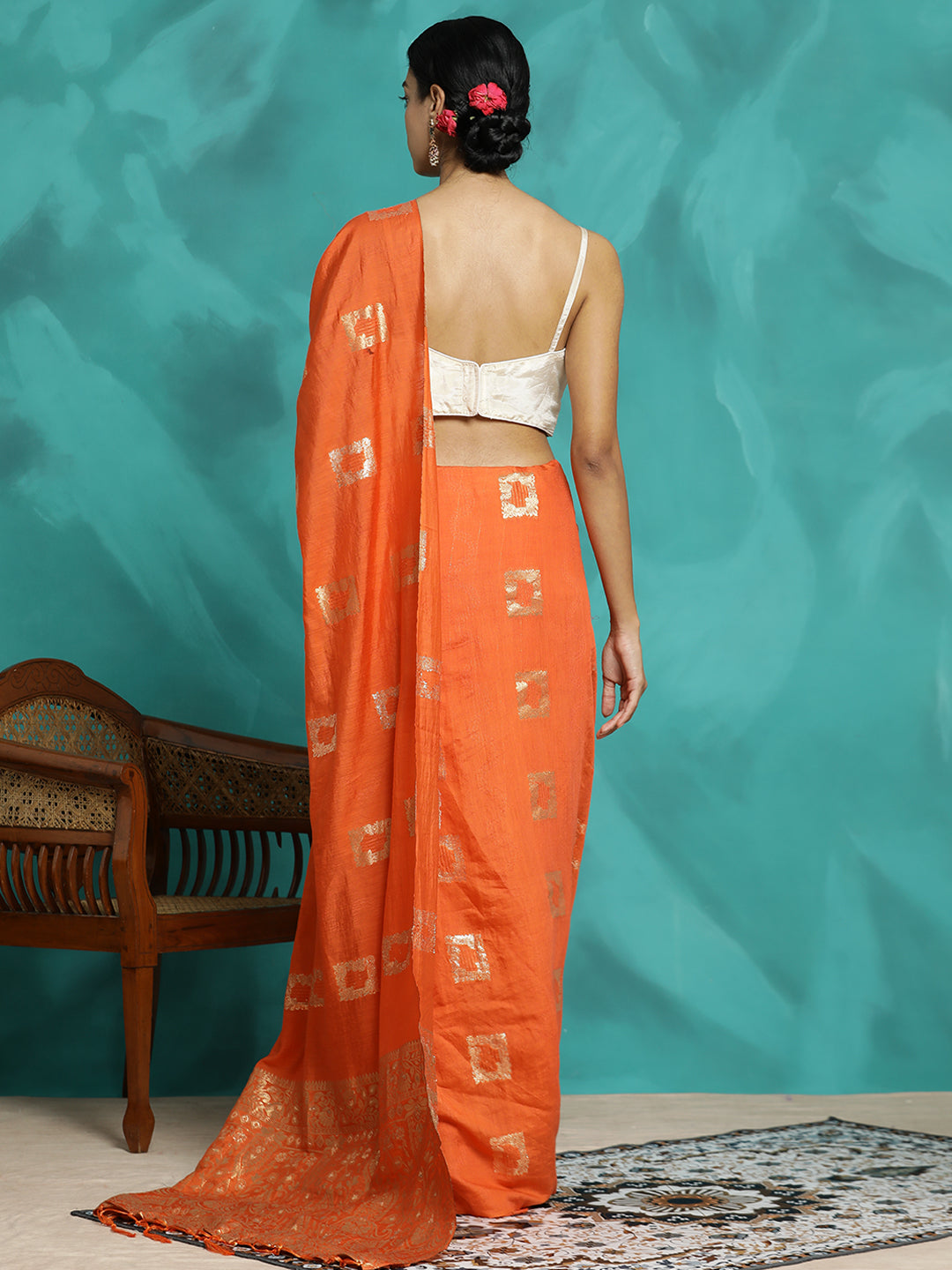 Orange Zari Woven Cotton Blend Banarasi Saree