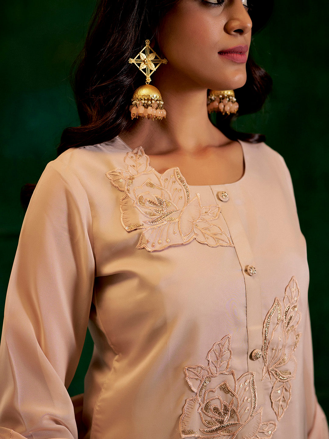 Beige Hand Embroidered Festive Kurta Set With Dupatta