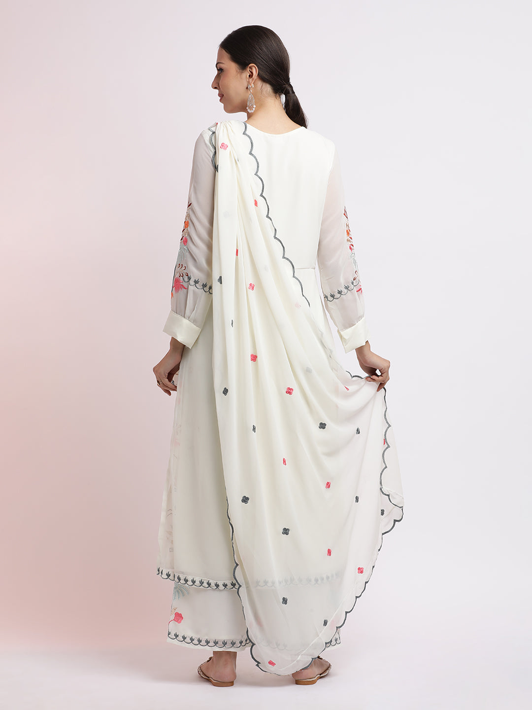 White Thread Embroidered Georgette Kurta Set With Dupatta