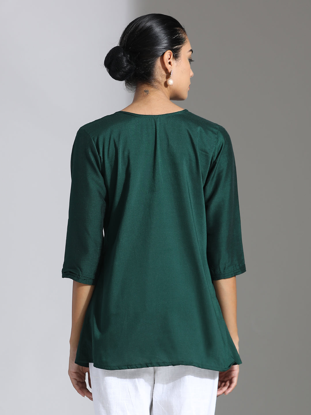 Dark Green Embroidered Party Wear Gathered Top