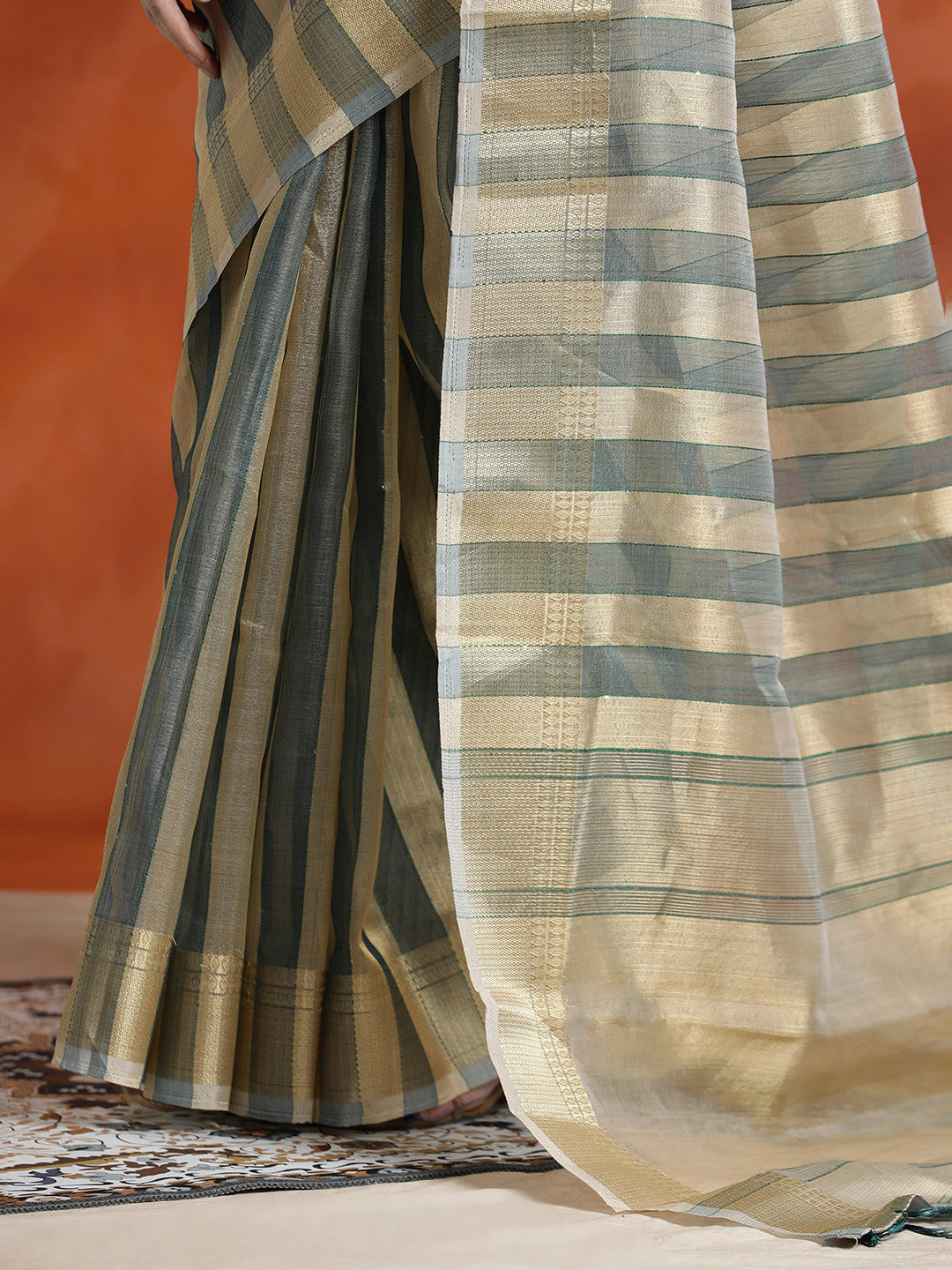 Green Striped Embellished Banarasi Organza Saree