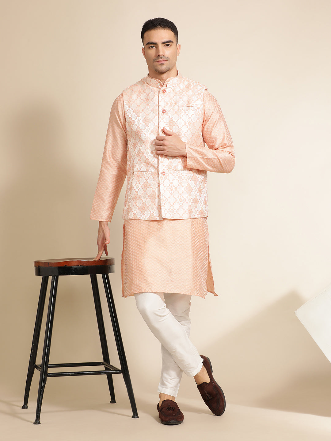 Peach Silk Blend Kurta With Woven Design Nehru Jacket Set