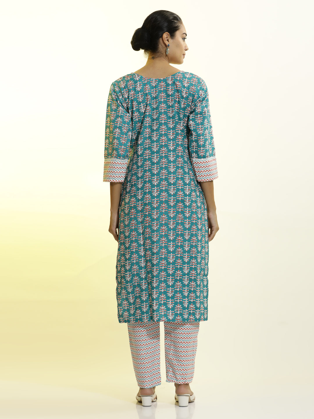 Teal Cotton Printed Straight Kurta Set