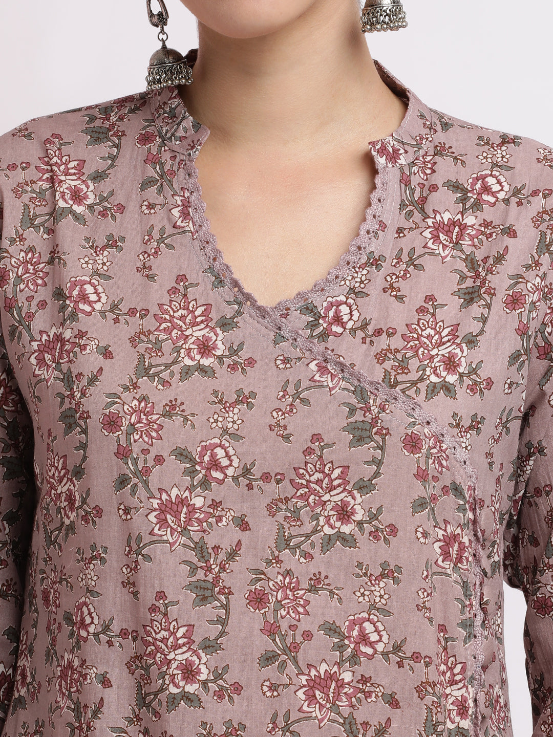 Mauve Floral Printed Pure Cotton Kurta Set