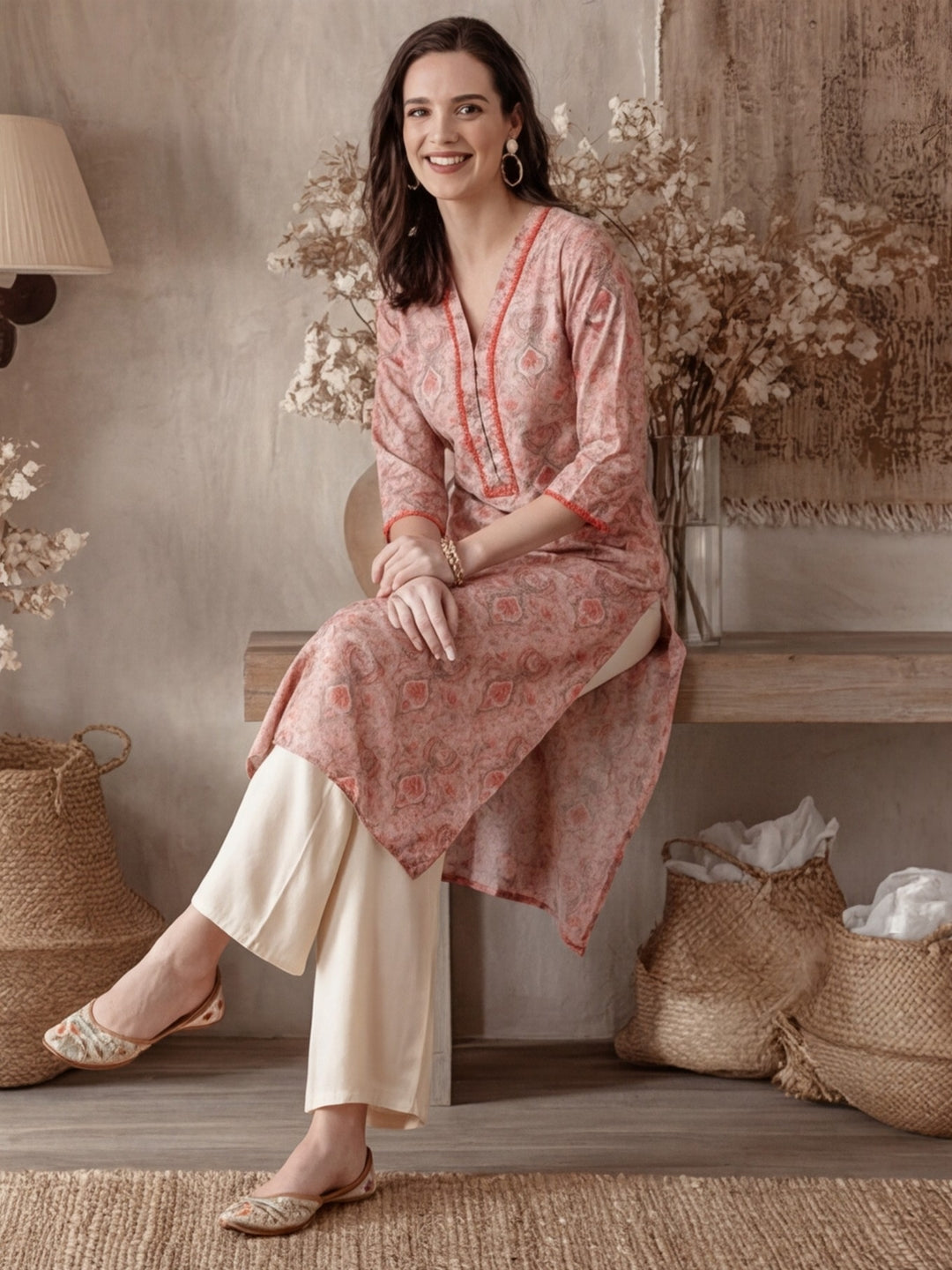 Ethnic Printed Peach Straight Kurta With Lace