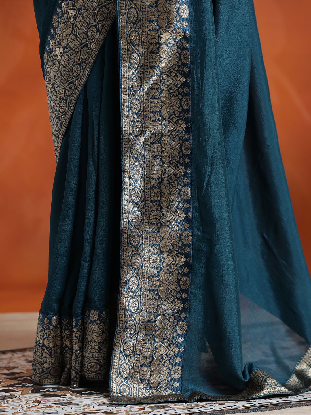 Teal Silk Blend Zari Woven Party Wear Saree