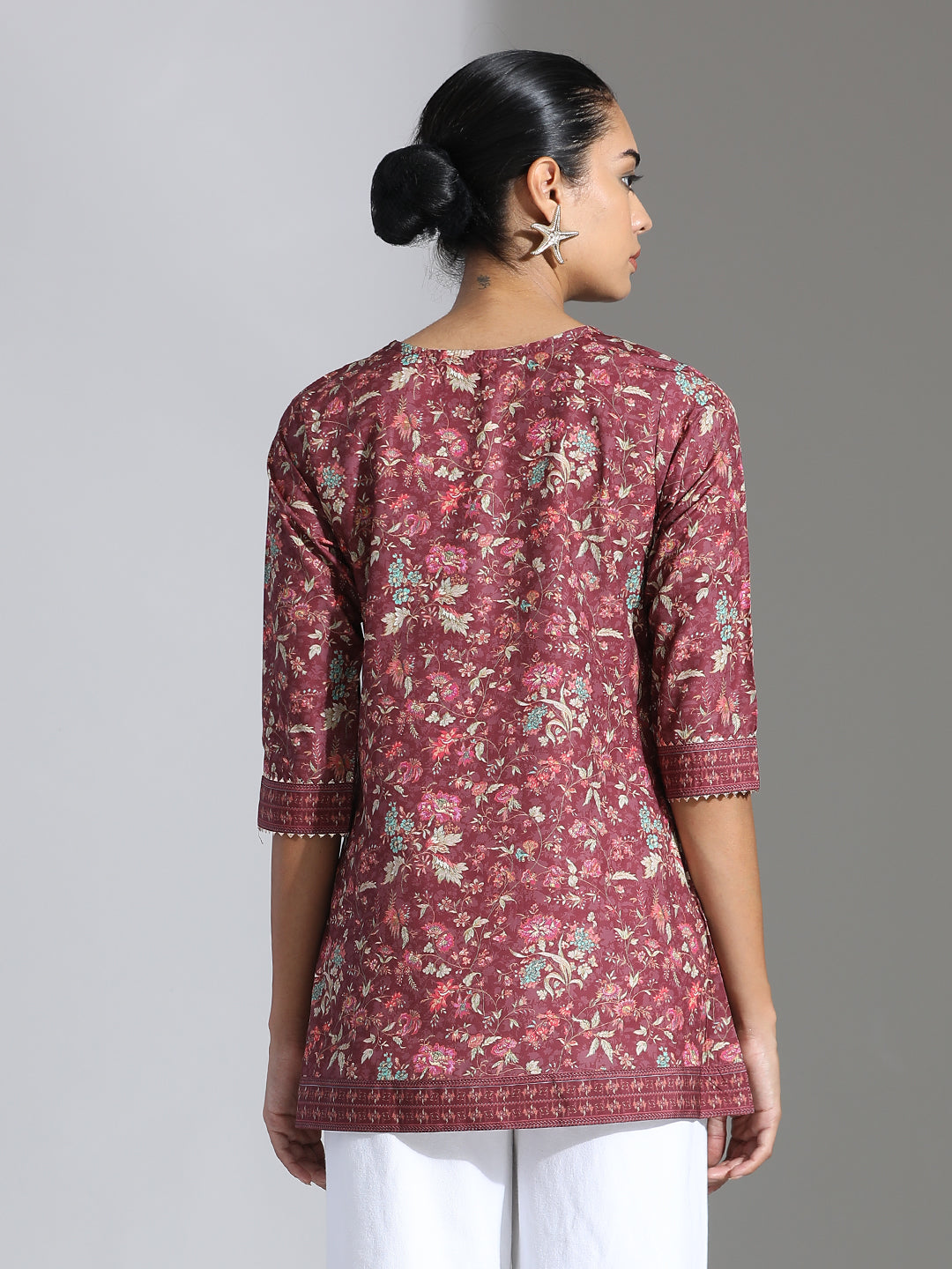 Maroon Floral Printed Chinon Peplum Top