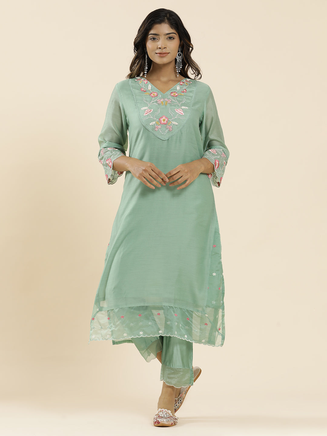 Sea Green Aari Work Straight Kurta With Pants And Dupatta