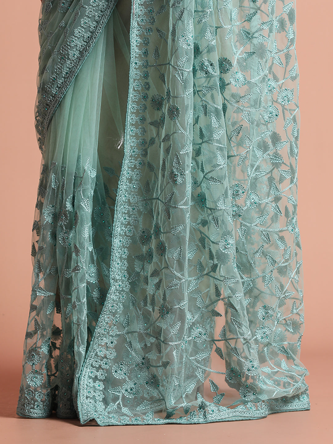 Party Wear Teal Floral Embroidered Net Saree