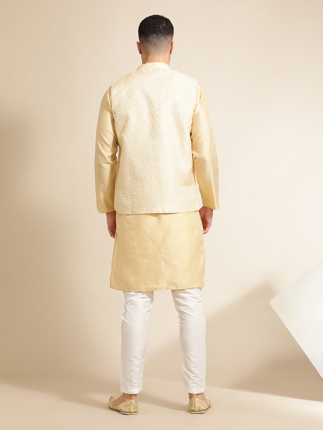 Silk Blend Beige Kurta With Woven Design Nehru Jacket Set