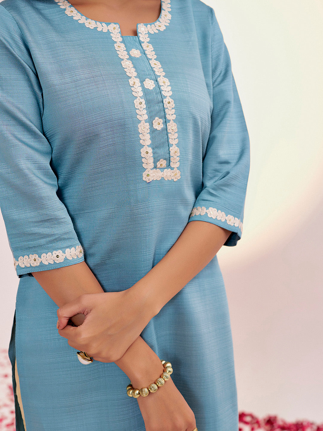 Blue Self Woven Dori Embroidered Kurta Set