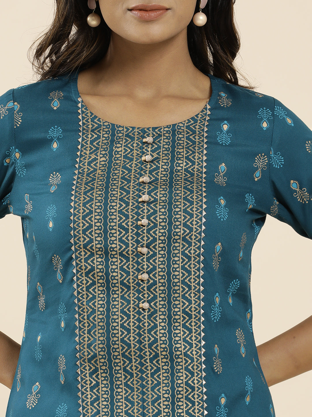 Teal Ethnic Printed Straight Kurta