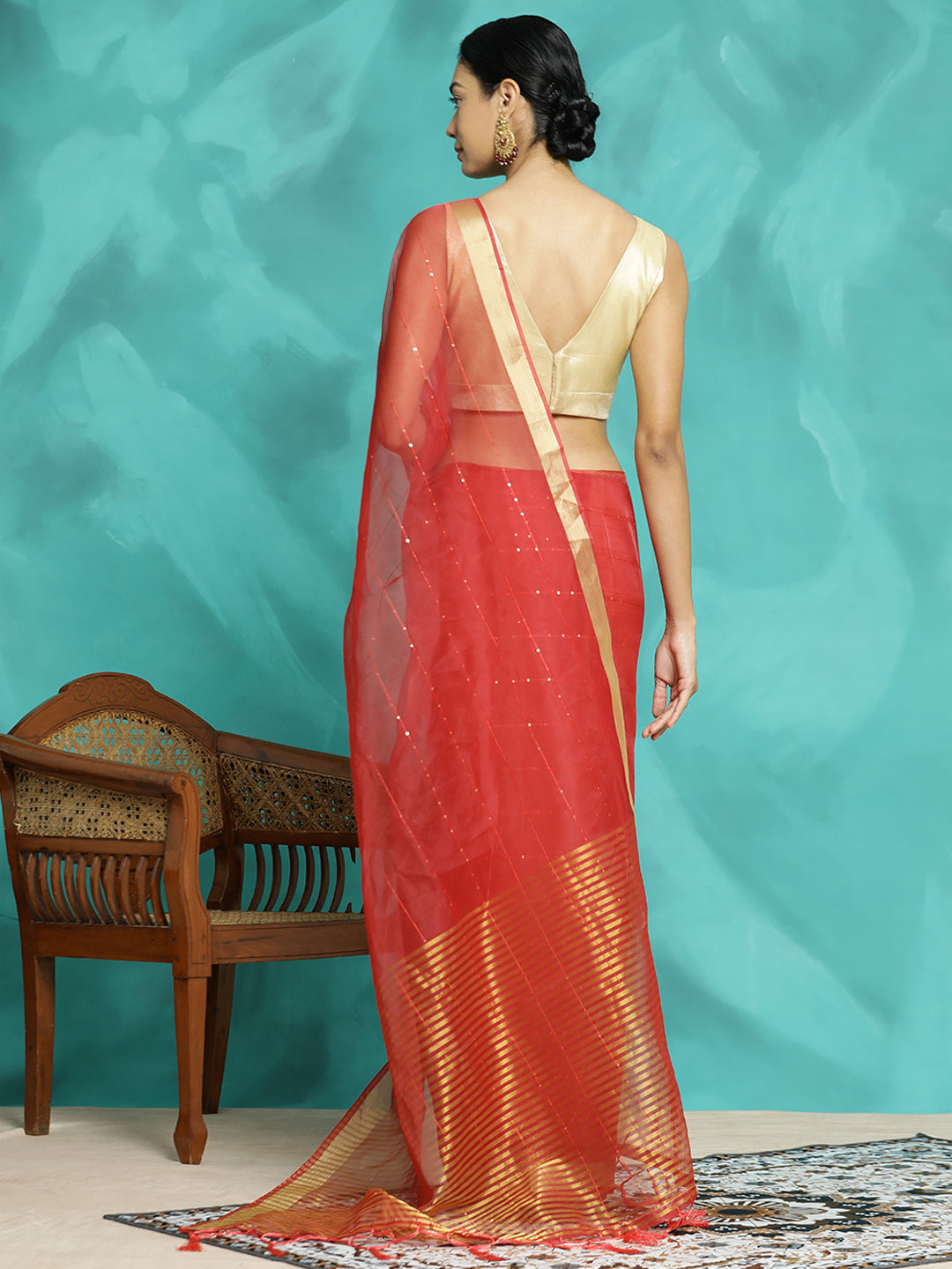 Red Sequin Embellished Organza Saree