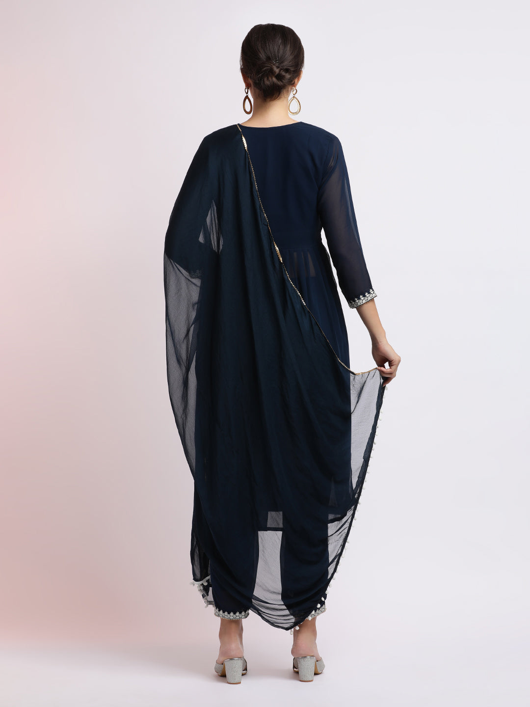 Navy Blue Embroidered Georgette Kurta Set With Dupatta