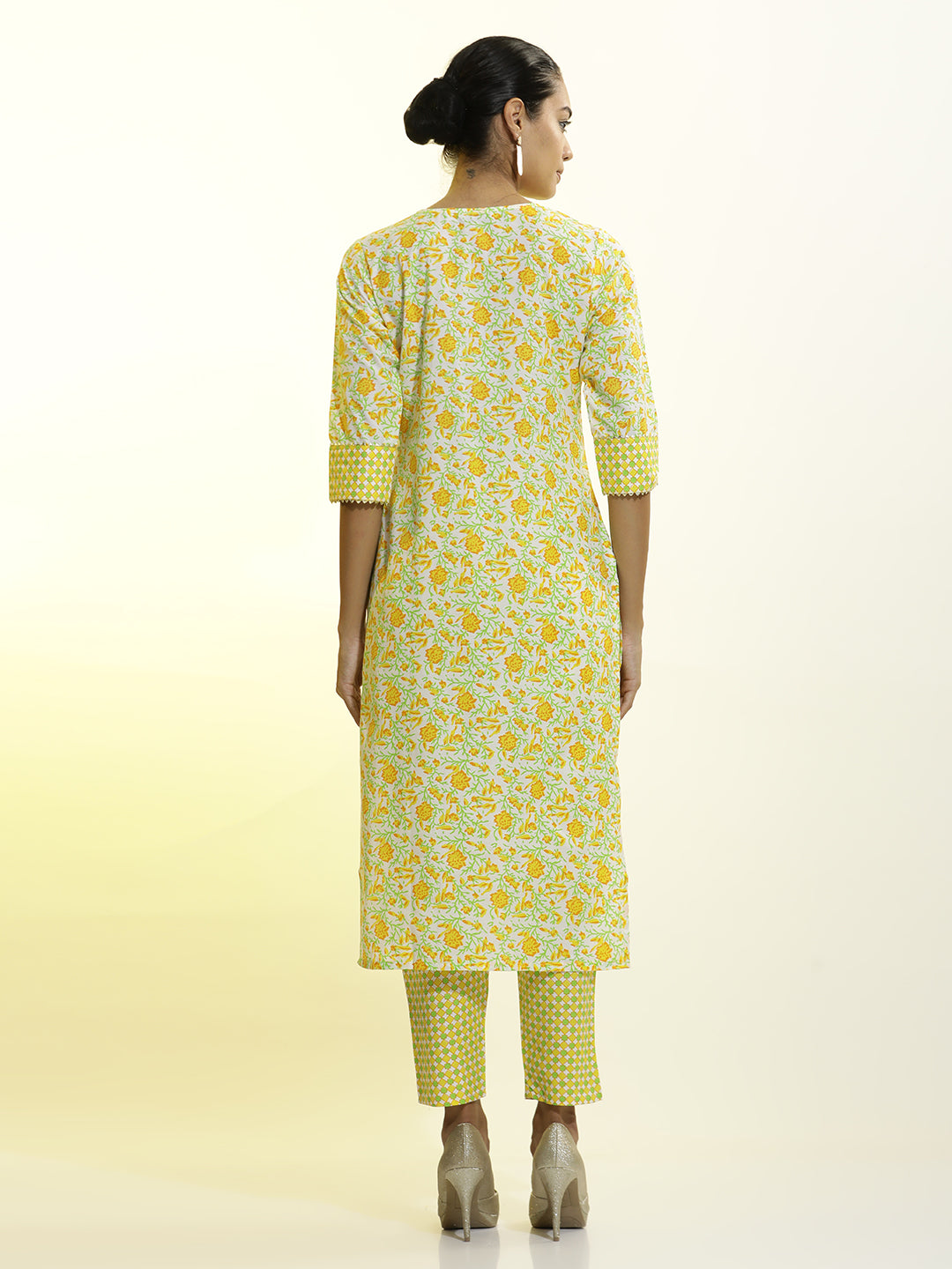 Floral Printed Cotton Blend Yellow Kurta Set