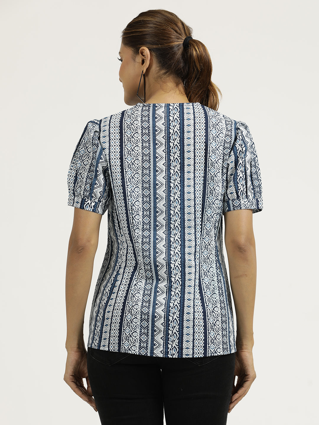 Indigo Printed Cotton Pleated Top