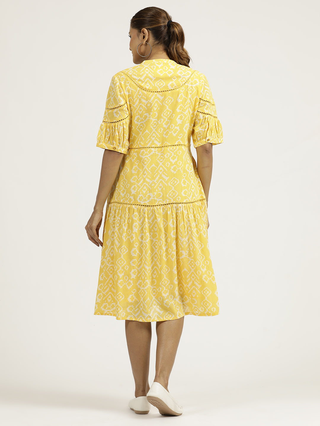 Yellow Abstract Printed Cotton Tiered Dress