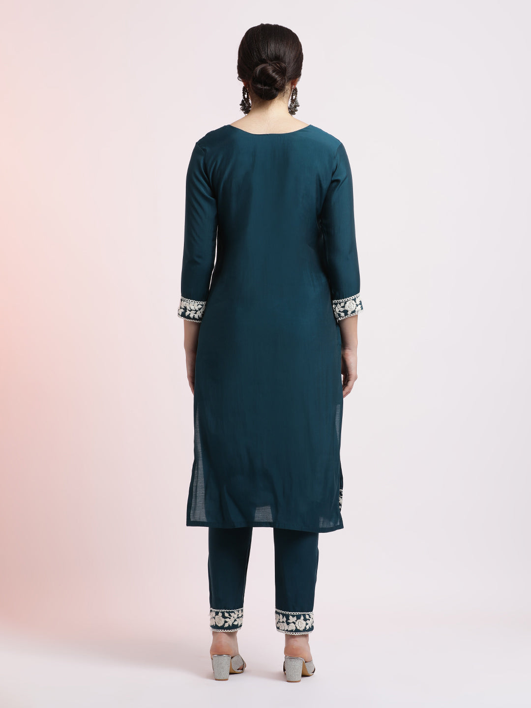 Teal Floral Embroidered Festive Kurta Set With Dupatta