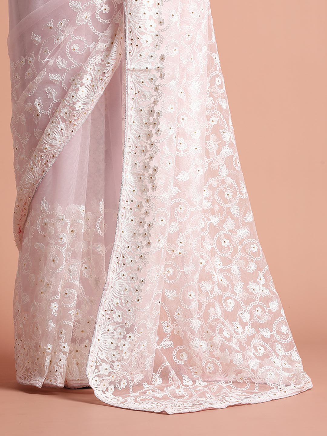 Party Wear Floral Baby Pink Embroidered Net Saree