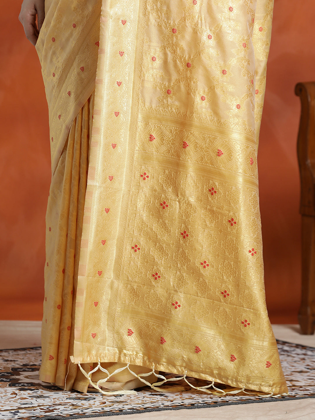 Beige Banarasi Zari Woven Silk Blend Saree