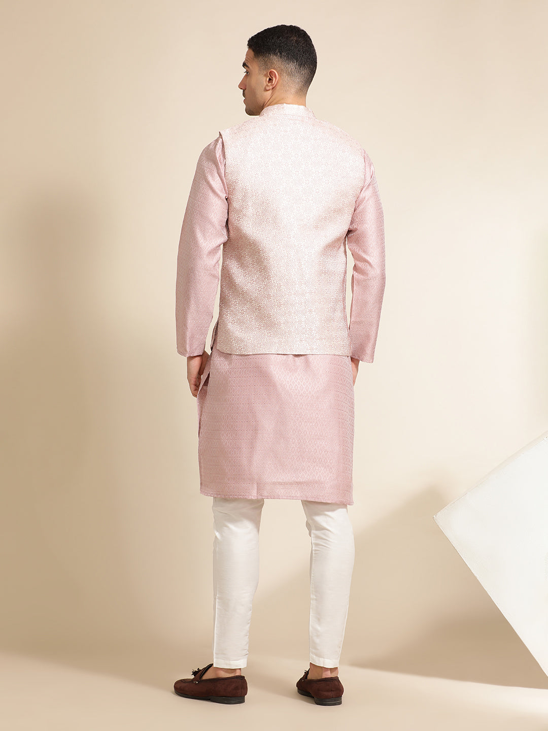 Onion Pink Silk Blend Kurta With Woven Design Nehru Jacket Set