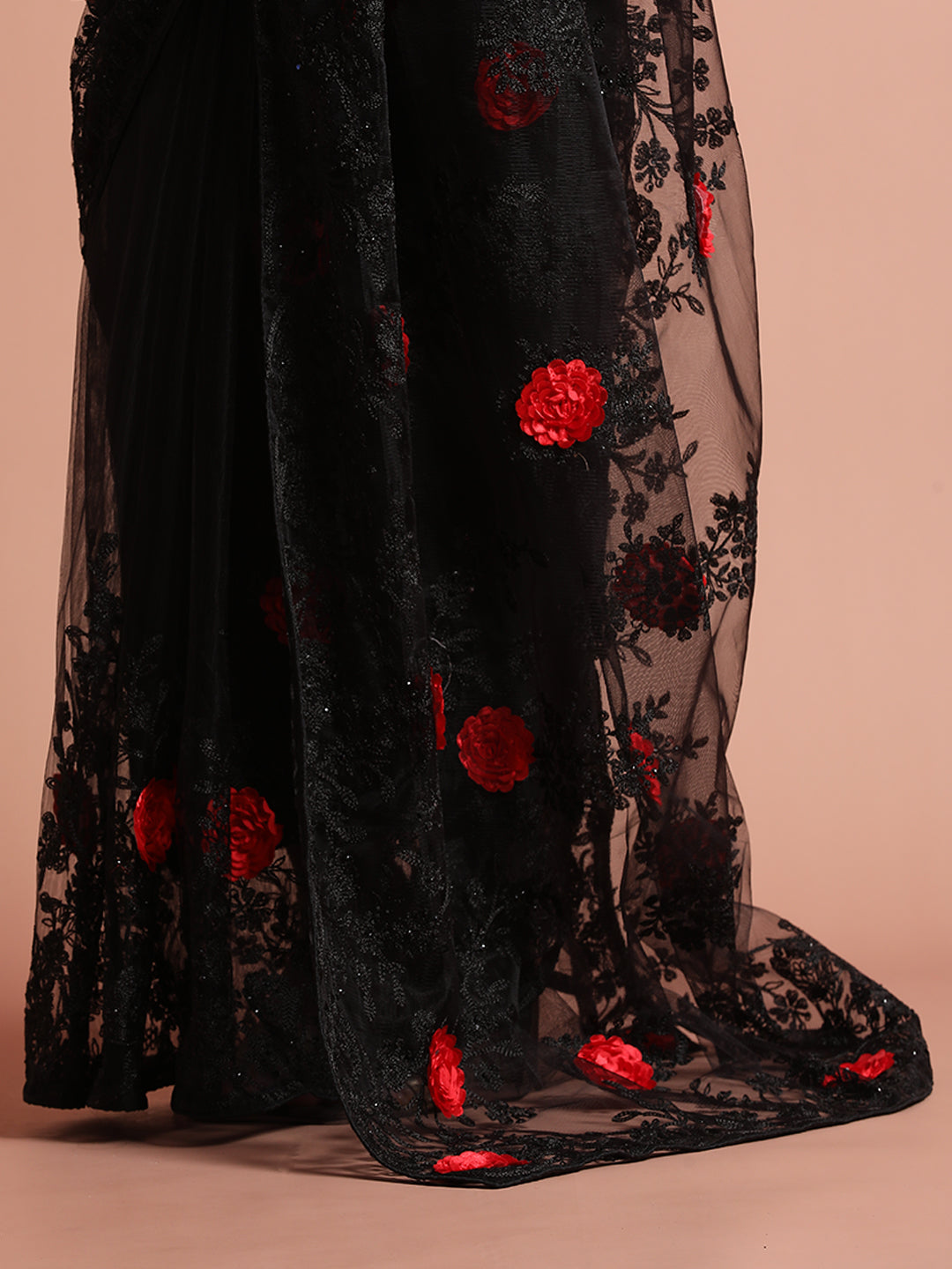 Party Wear Floral Black Embroidered Net Saree