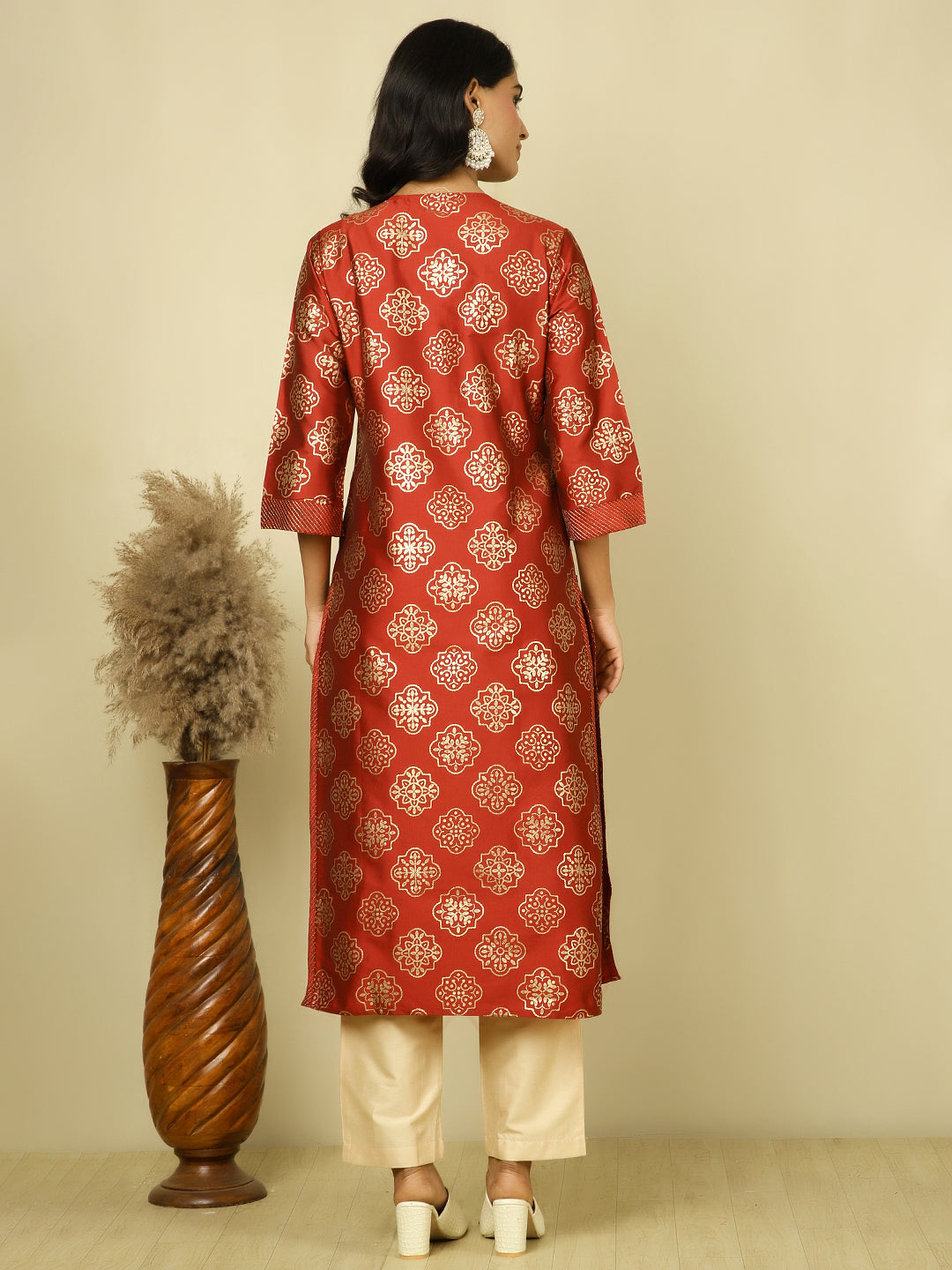 Red Ethnic Printed Straight Kurta