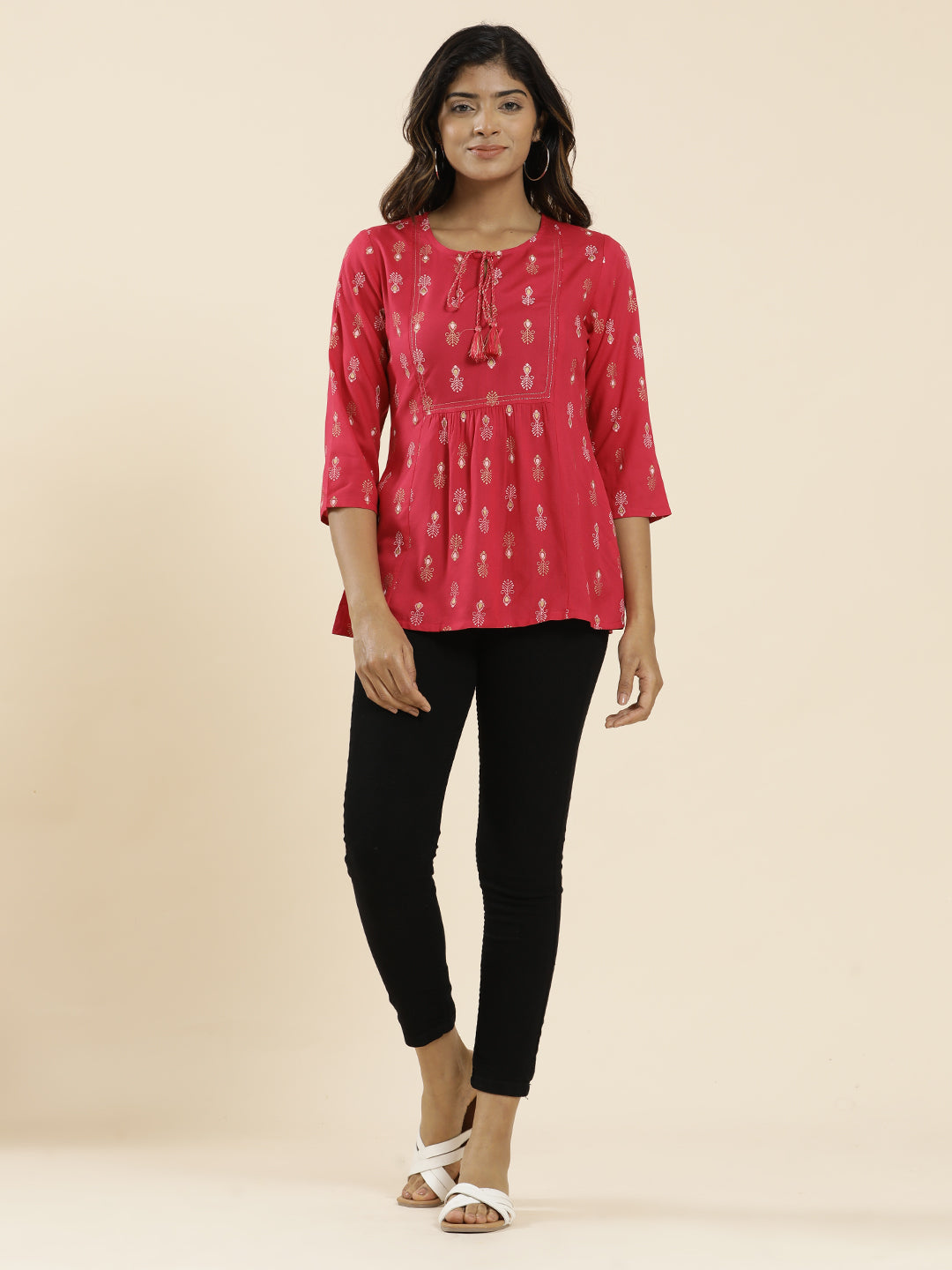 Fuchsia Ethnic Motif Printed Peplum Top