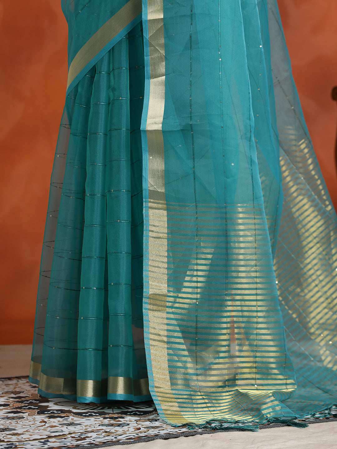 Teal Sequin Embellished Banarasi Organza Saree