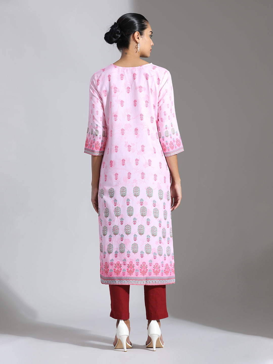 Pink Printed Poly Rayon Straight Kurta