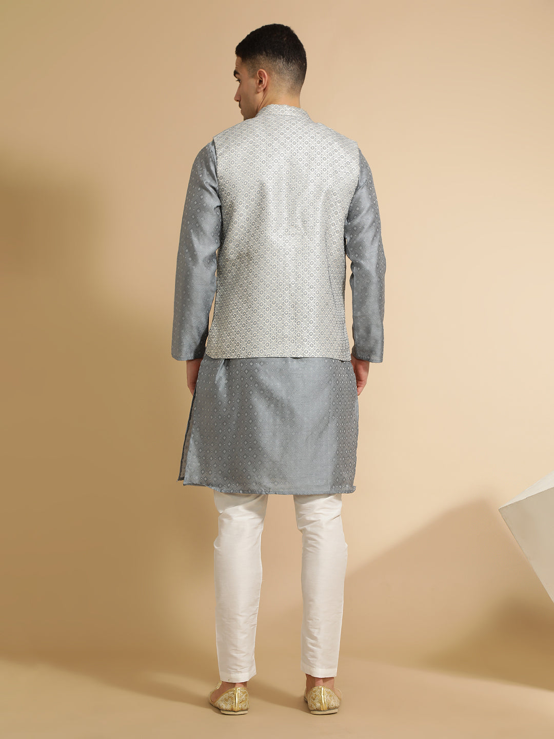 Grey Silk Blend Kurta With Woven Design Nehru Jacket Set