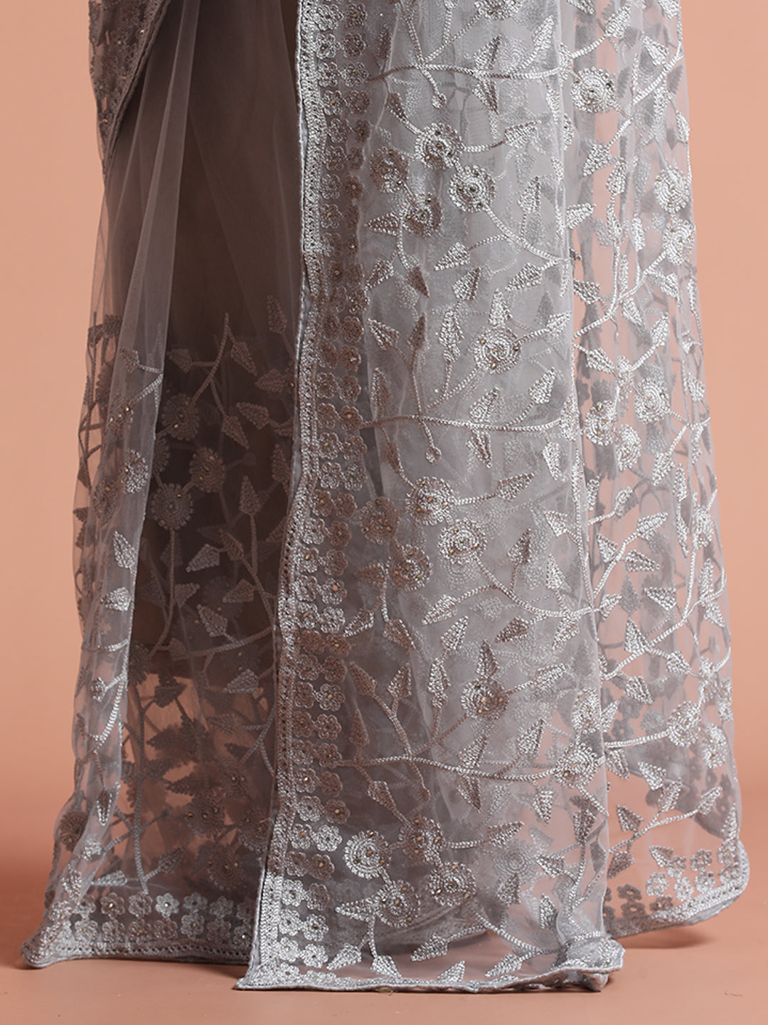 Grey Party Wear Floral Embroidered Net Saree