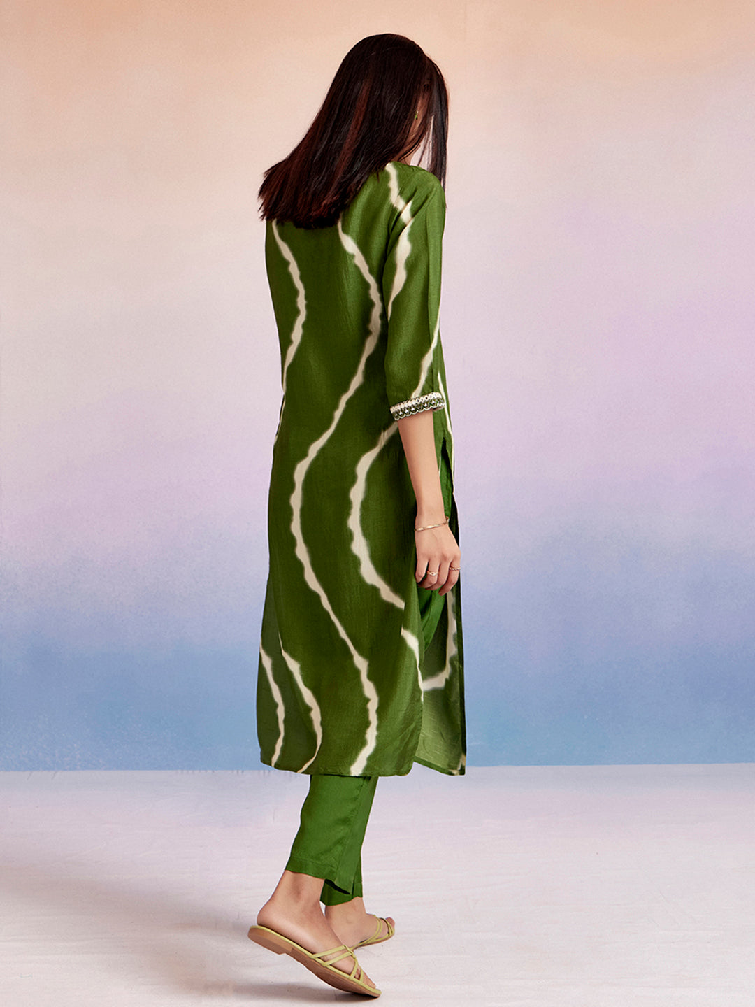 Olive Green Embroidered Leheriya Kurta Set