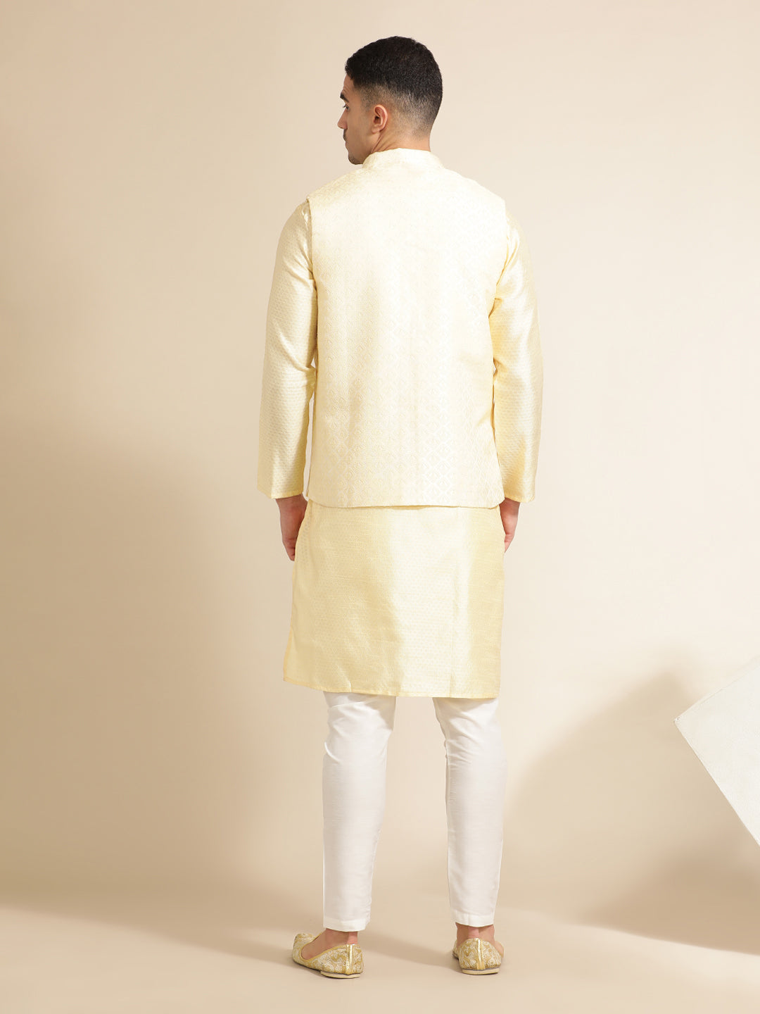 Beige Silk Blend Kurta With Woven Design Nehru Jacket Set