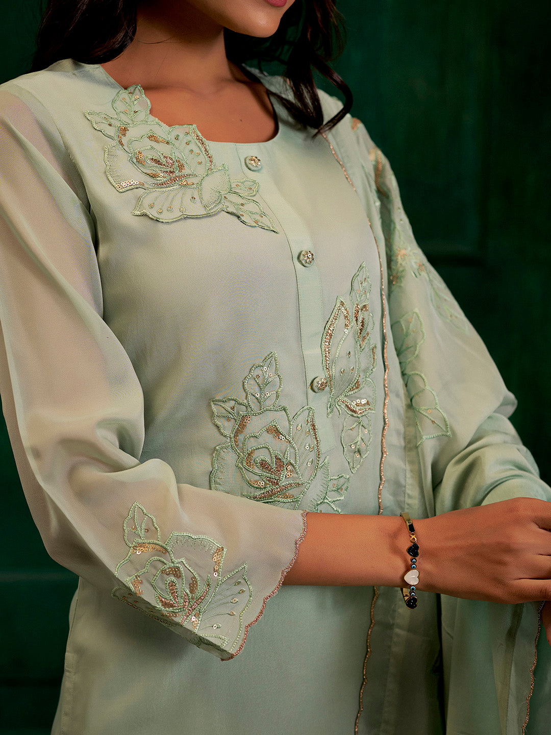 Mint Green Hand Embroidered Festive Kurta Set With Dupatta