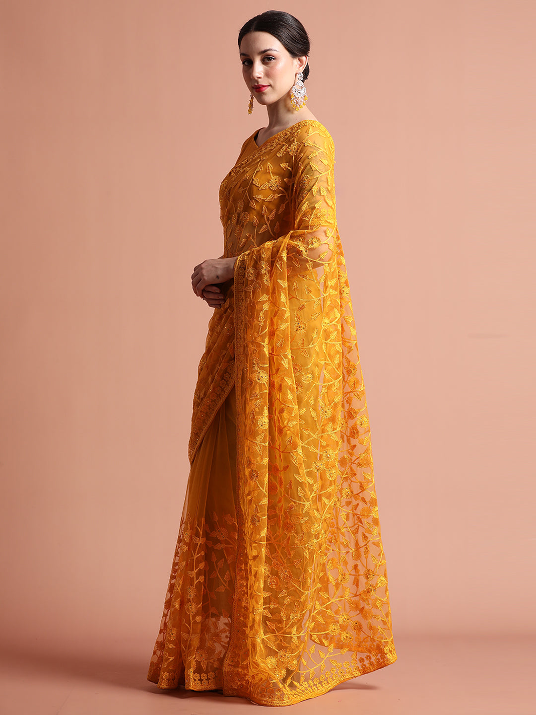 Party Wear Floral Embroidered Net Mustard Saree