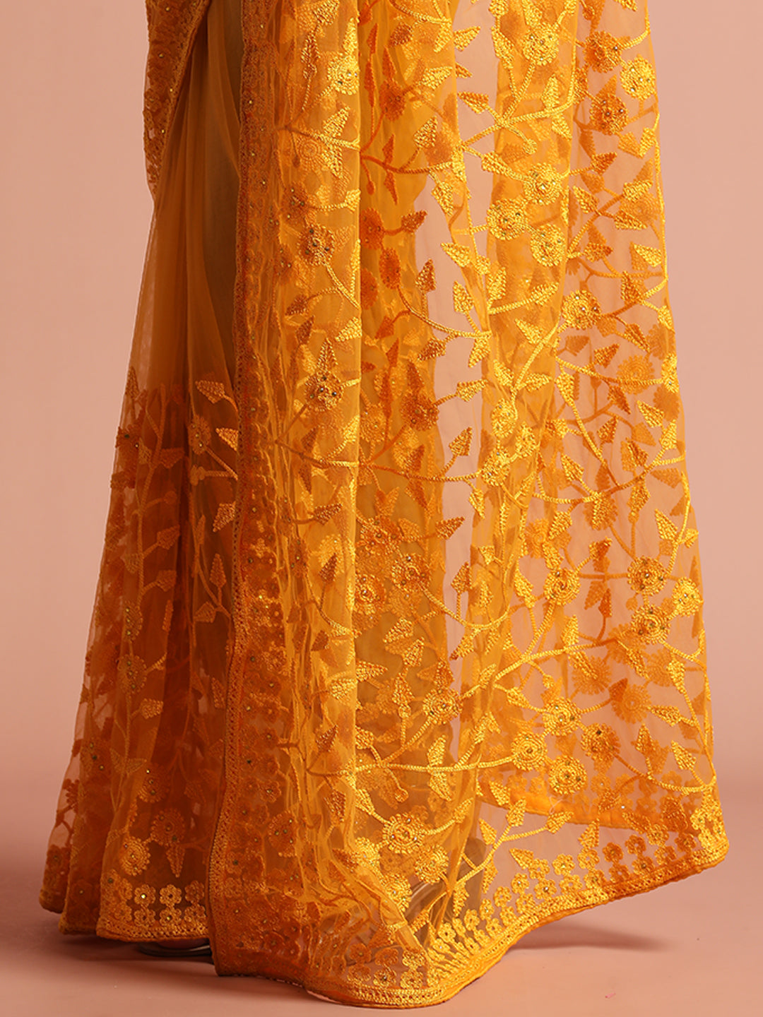 Party Wear Floral Embroidered Net Mustard Saree