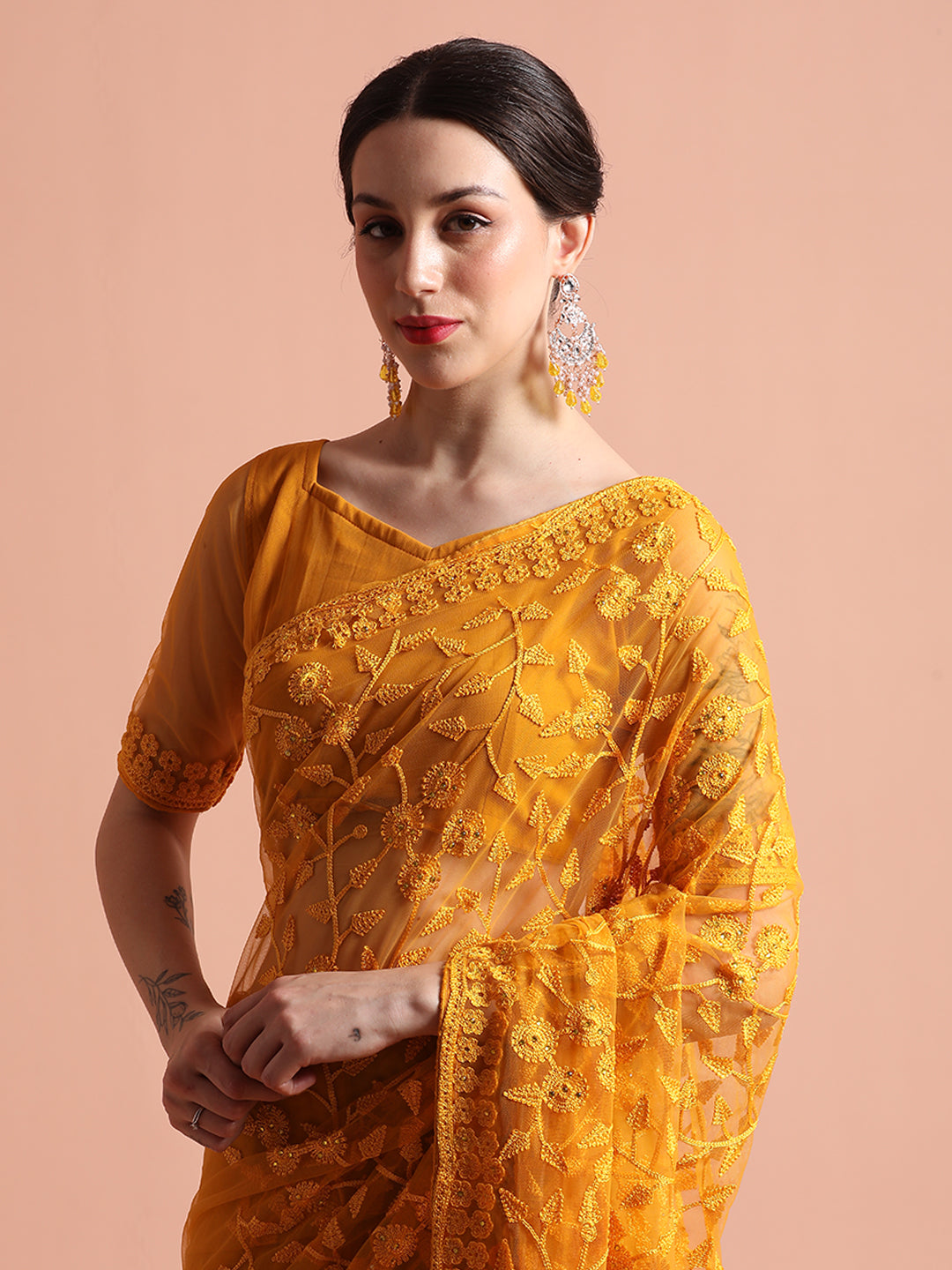 Party Wear Floral Embroidered Net Mustard Saree