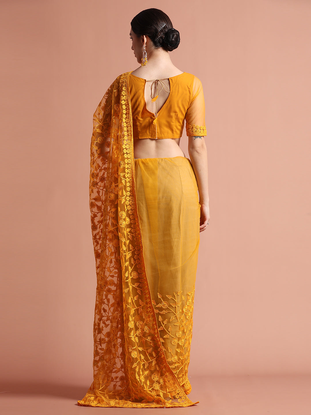 Party Wear Floral Embroidered Net Mustard Saree