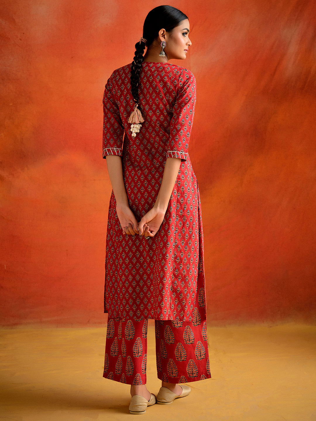 Rust Red Ethnic Motif Printed Straight Kurta With Palazzo