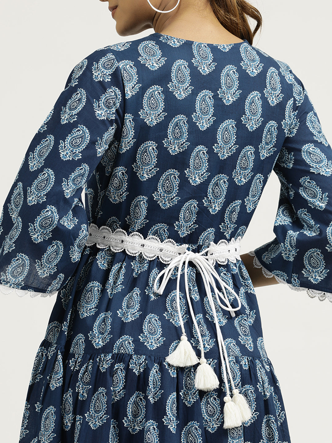 Paisley Indigo Blue Tier Cotton Dress With Belt