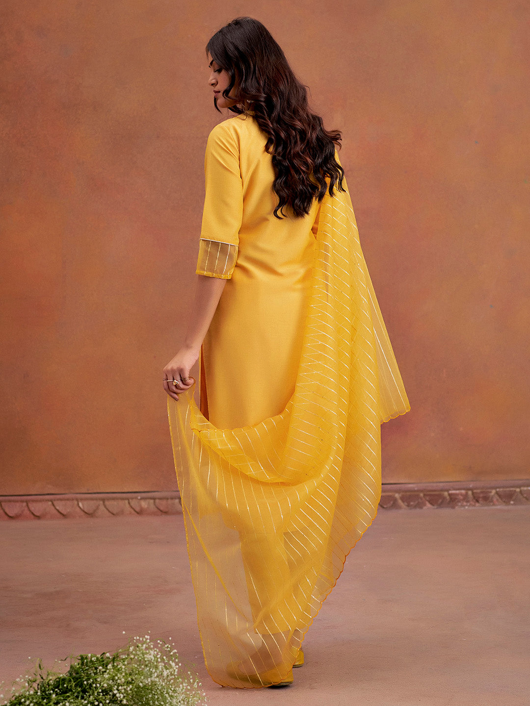 Mustard Festive Embroidered Poly Silk Kurta Set With Dupatta